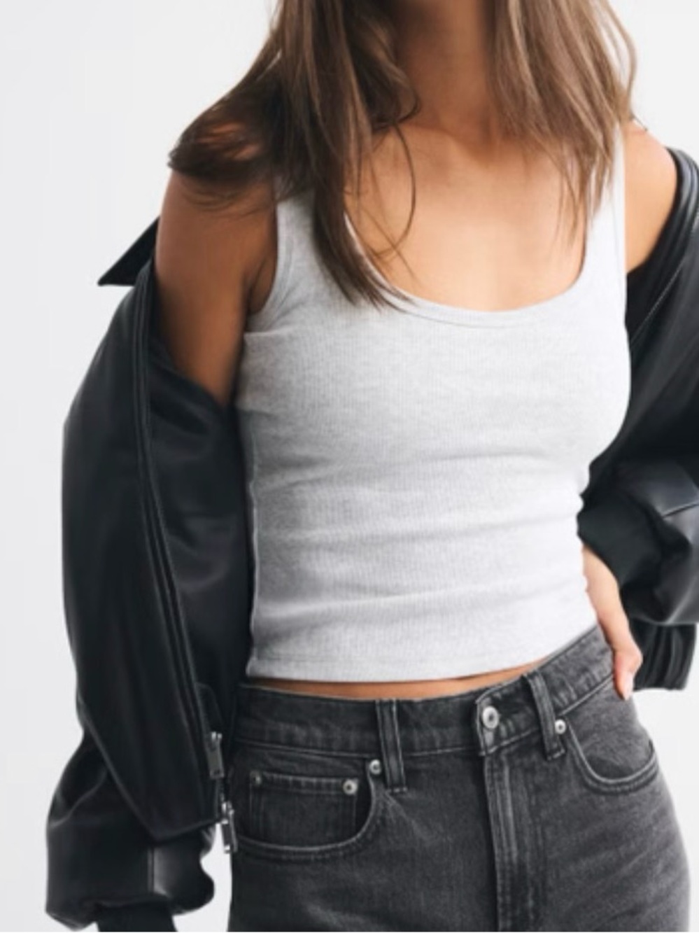 Abercrombie Bra-Free Rib Scoop Neck Tank Top - Light Gray